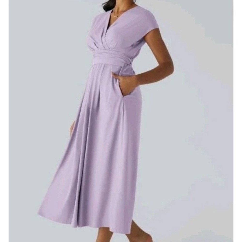 Halara Breezeful V Neck Lavender V-Neck Wrap Tie Back Maxi Dress Short Sleeve XL
